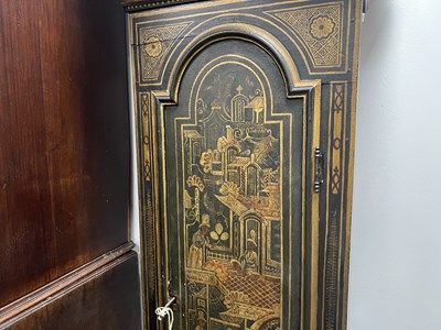 Lot 1007 - JOHN TAYLOR, LONDON. A GEORGE III GREEN LACQUERED CHINOISERIE LONGCASE CLOCK