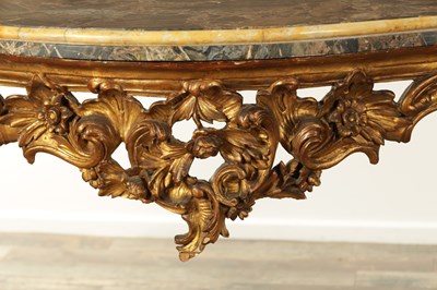 Lot 1275 - A 19TH CENTURY FRENCH CARVED GILTWOOD SERPENTINE SHAPED CONSOLE TABLE