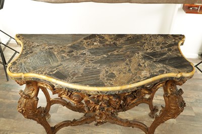 Lot 1275 - A 19TH CENTURY FRENCH CARVED GILTWOOD SERPENTINE SHAPED CONSOLE TABLE