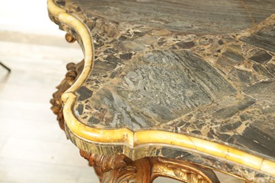 Lot 1275 - A 19TH CENTURY FRENCH CARVED GILTWOOD SERPENTINE SHAPED CONSOLE TABLE