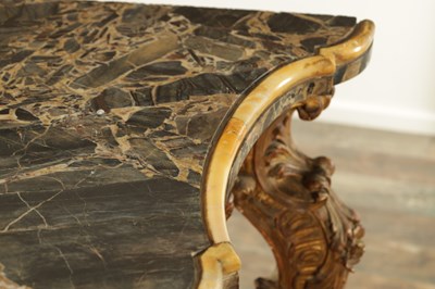 Lot 1275 - A 19TH CENTURY FRENCH CARVED GILTWOOD SERPENTINE SHAPED CONSOLE TABLE