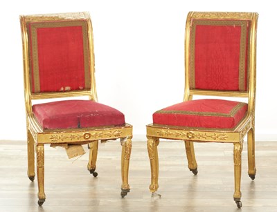 Lot 1268 - A GOOD PAIR OF REGENCY GILT GESSO AND UPHOLSTERED HALL CHAIRS
