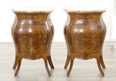 Lot 1278 - A PAIR OF LATE 19TH CENTURY INLAID BURR WALNUT BOMBE SHAPED SIDE CABINETS