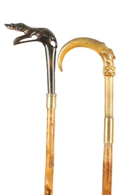 Lot 805 - TWO LATE 19TH CENTURY CARVED HORN WALKING STICKS