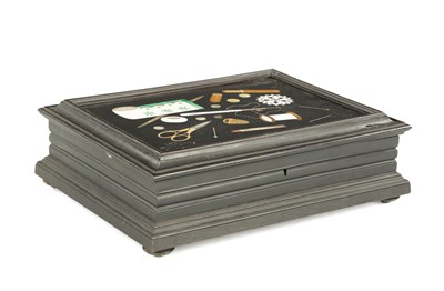 Lot 680 - A 19TH CENTURY EBONISED FLORENTINE PIETRA DURA MARBLE SEWING BOX CASKET