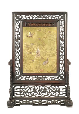 Lot A 19TH CENTURY CHINESE HARDWOOD SCREEN WITH JAPANESE BRONZE MIXED METAL PANEL