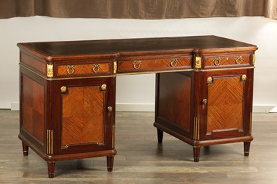 Lot A 19TH CENTURY FRENCH MAHOGANY AND SATINWOOD PEDASTAL DESK