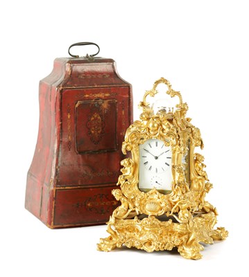 Lot AUGUSTE, A PARIS. A FINE 19TH CENTURY FRENCH GILT BRASS ROCOCO STRIKING CARRIAGE CLOCK ON STAND
