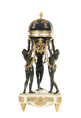 Lot A 19TH CENTURY FRENCH PATINATED BRONZE, ORMOLU AND WHITE MARBLE ‘CERCLES TOURNANTS’ FIGURAL MANTEL CLOCK