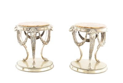 Lot A PAIR OF 19TH CENTURY SILVER PLATED NEOCLASSICAL MARBLE TOPPED TABLE STABLE STANDS