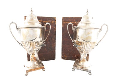 Lot A LARGE PAIR OF BOXED COUNTRY HOUSE SILVER PLATED TEA URNS