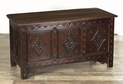Lot A 17TH CENTURY OAK PANELLED INLAID YORKSHIRE COFFER