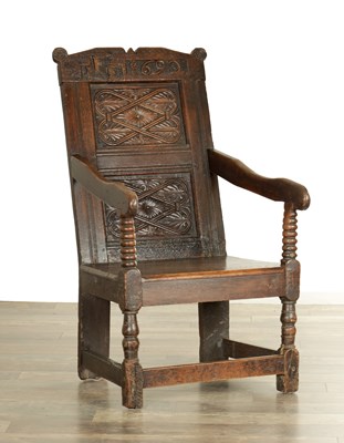 Lot A 17TH CENTURY WESTMOORLAND DATED OAK WAINSCOT CHAIR