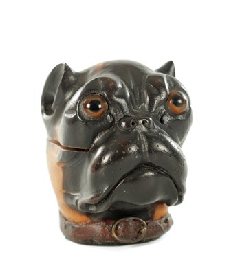 Lot A 19TH CENTURY BLACK FOREST CARVED FRUITWOOD PUG INKWELL