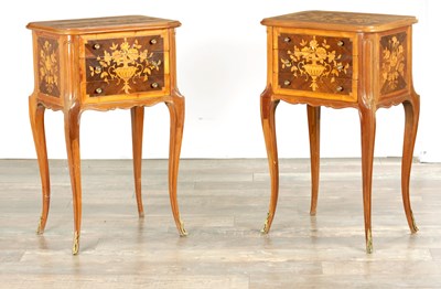 Lot A PAIR OF EARLY 20TH CENTURY FRENCH ORMOLU MOUNTED MARQUETRY BEDSIDE CABINETS