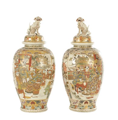 Lot A LARGE PAIR OF JAPANESE MEIJI PERIOD SATSUMA VASES AND COVERS