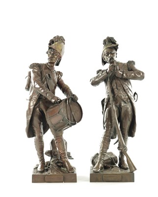 Lot AFTER ETIENNE-HENRI DUMAIGE. A LARGE PAIR OF LATE 19TH CENTURY FRENCH PATINATED BRONZE MILITARY FIGURES