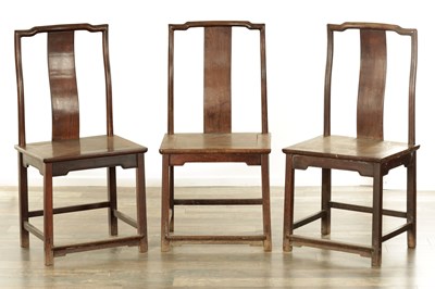 Lot A SET OF THREE 19TH CENTURY CHINESE HARDWOOD SIDE CHAIRS