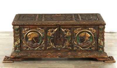 Lot A GOOD POLYCHROME AND PARCEL GILT DECORATED CARVED WALNUT ITALIAN CASSONE