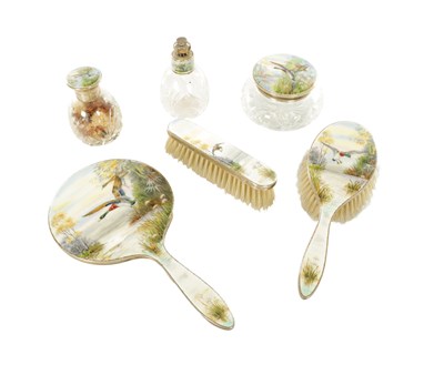 Lot A 1920's SILVER GUILLOCHE ENAMEL DRESSING TABLE SET