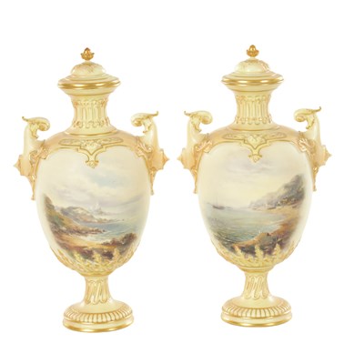 Lot A PAIR OF LATE 19TH CENTURY ROYAL WORCESTER CABINET VASES BY EDWIN SALTER