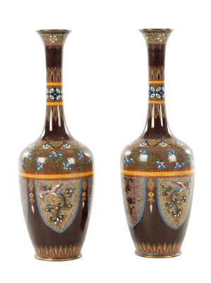 Lot A PAIR OF CASED MEIJI PERIOD JAPANESE CLOISONNÉ SLENDER VASES