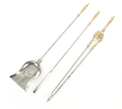 Lot A GOOD SET OF GEORGE III GILT BRONZE AND STEEL FIRE IRONS
