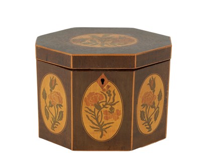 Lot A GEORGE III HAREWOOD AND MARQUETRY INLAID OCTAGONAL SHAPED TEA CADDY