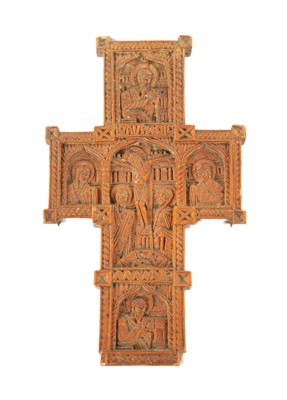 Lot AN EARLY 16TH / 17TH CENTURY GREEK OLIVE WOOD CARVED CRUCIFIX