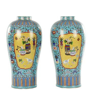 Lot A PAIR OF CHINESE QING DYNASTY CLOISONNE VASES