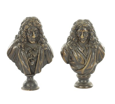Lot ATT. FERDINAND BARDEBIENNE (1810-1892). A BRONZE BUST OF MOLIÈRE WITH A BRONZE BUST DEPICTING PIERRE CORNEILLE