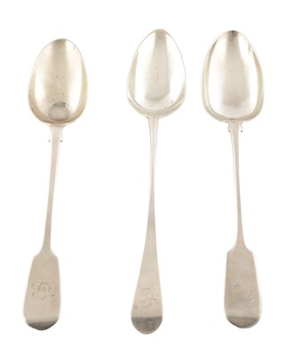 Lot A COLLECTION OF THREE 18TH/19TH CENTURY SILVER BASTING SPOONS