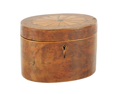 Lot A LATE 18TH CENTURY BURR YEW OVAL TEA CADDY