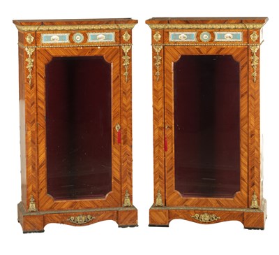 Lot A GOOD PAIR OF 19TH CENTURY FRENCH KINGWOOD AND ORMOLU MOUNTED SIDE CABINETS WITH INSET SERVES STYLE PORCELAIN PLAQUES