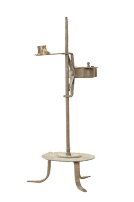 Lot AN EARLY 18TH CENTURY IRON ADJUSTABLE BETTY LAMP AND CANDLE HOLDER