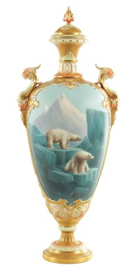 Lot A FINE AND RARE ROYAL WORCESTER PORCELAIN LIDDED CABINET VASE OF LARGE SIZE PAINTED WITH POLAR BEARS BY HARRY DAVIS