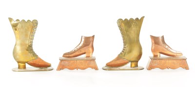 Lot TWO PAIRS OF 19TH CENTURY BRASS AND COPPER HEARTH ORIMENTS / CANDLESTICKS FORMED AS BOOTS