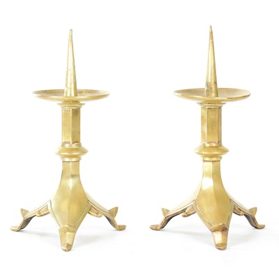 Lot A PAIR OF LATE 19TH CENTURY GOTHIC STYLE ASTHECTIC PERIOD BRASS PRICKET