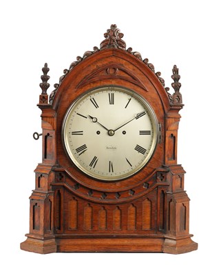 Lot A 19TH CENTURY POLLARD OAK DOUBLE FUSEE GOTHIC STYLE BRACKET CLOCK