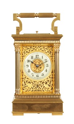 Lot LE ROY & FILS, PARIS. A RARE LATE 19TH CENTURY GILT BRASS BOTTOM WIND REPEATING CARRIAGE CLOCK NUMBERED 9575