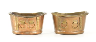 Lot WOOD FOR LIBERTY & CO. A PAIR OF EARLY 20TH CENTURY COOPER AND BRASS ICE BUCKETS / WINE COOLERS FORMED AS ROMAN BATHS