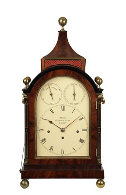 Lot MORICE, FENCHURCH STREET, LONDON. A GOOD FLAMED MAHOGANY AND BRASS INLAID THREE TRAIN FUSEE BRACKET CLOCK