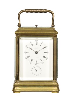 Lot JOSEPH SALDANO, PARIS. A 19TH CENTURY FRENCH BRASS GORGE CASED GRAND SONNERIE CARRIAGE CLOCK WITH ALARM