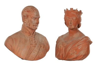 Lot A PAIR OF 19TH CENTURY TERRACOTTA BUSTS OF VICTORIA AND ALBERT BY F. DURHAM.