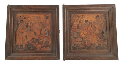 Lot A PAIR OF 17TH CENTURY CARVED AND INLAID WOOD PANELS