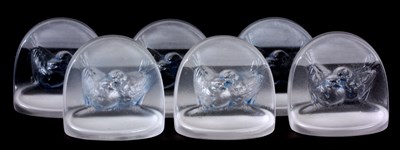 Lot 7 - R. LALIQUE, A SET OF SIX BLUE STAINED PINSONS...