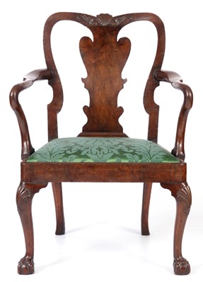 Lot 710 - AN EARLY 18TH CENTURY WALNUT OPEN ARMCHAIR OF...