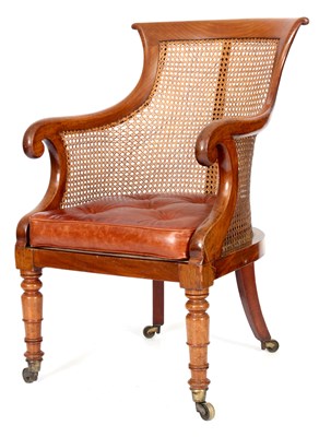 Lot 751 - A LATE REGENCY FIGURED MAHOGANY BERGERE...