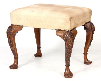 Lot 796 - A GEORGE I STYLE WALNUT UPHOLSTERED STOOL with...