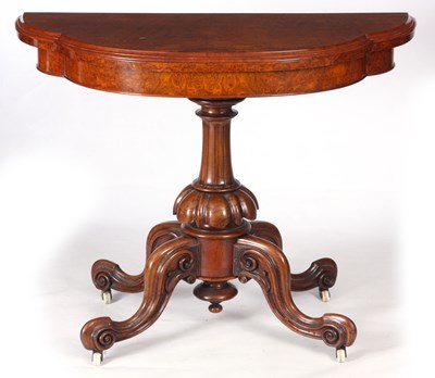 Lot 801 - A MID 19TH CENTURY BURR WALNUT FOLD OVER CARD...